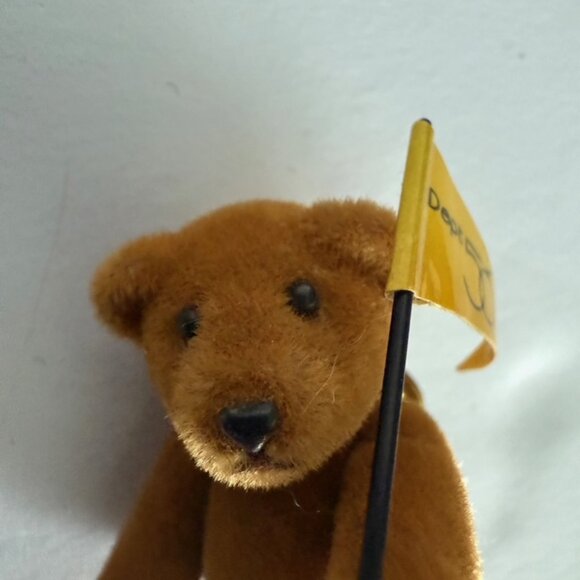 VTG Teddy Bear Pin Plush Jointed Holding Dept 56 Flag Movable arms legs 2.25" - Picture 9 of 10